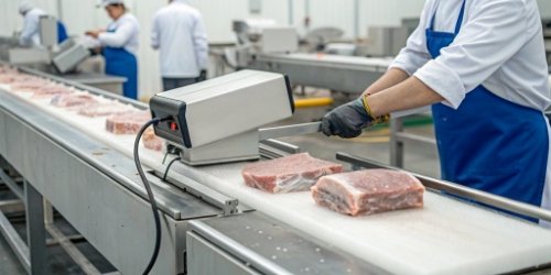 A worker at a cutting station places a portion of frozen meat on an industrial scale that is printing a barcode label.