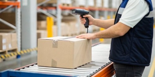 Batch Scanning for Accurate Weighing A worker scans a barcode on a package that is sitting on an industrial scale