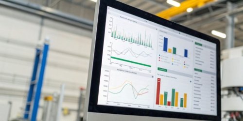 Managing Order Volume Discrepancies with Data A dashboard on a computer screen displaying real-time data and alerts about order volume discrepancies in a factory setting.