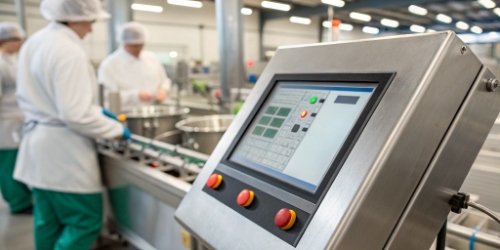 A close-up of a touchscreen interface on an industrial scale in a food processing environment