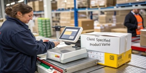 A worker at a packing station using an integrated scale and printer that automatically generates a label with the correct customer-facing product name.