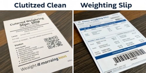 Side-by-side comparison of a cluttered weighing slip and a clean, optimized one