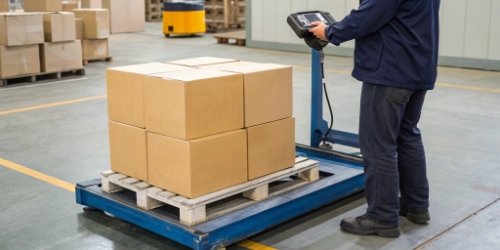 Multi-Unit Bulk Weighing on Pallet Scale A large pallet scale with many boxes on it, while a worker holds a barcode scanner