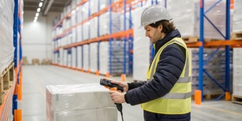 A warehouse worker scanning a large barcode on a pallet of frozen goods with a PDA device.