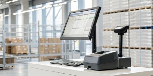 An image showcasing the complete WeigherPS solution: scale, software on a monitor, scanner, and label printer working together.