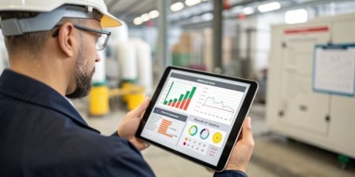 A manager reviewing a dashboard on a tablet showing production weighing data and deviation trends.