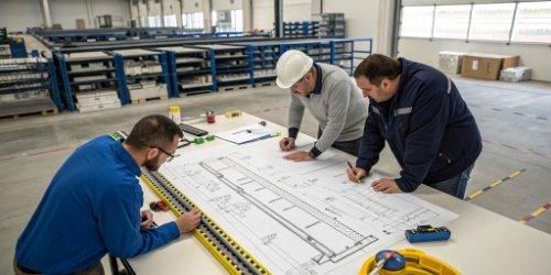 Planning and Implementing an Automated Warehouse Solution Engineers planning the layout of a conveyor system in a warehouse blueprint