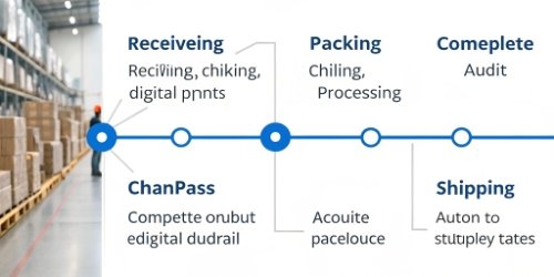 A timeline graphic showing a product's journey with scan points: Receiving -> Chilling -> Processing -> Packing -> Shipping.