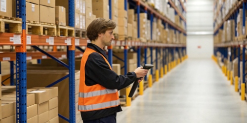 A warehouse worker using a handheld scanner for cycle counting
