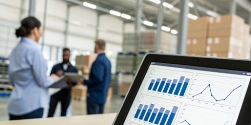 A dashboard on a tablet showing real-time inventory levels across multiple warehouses.