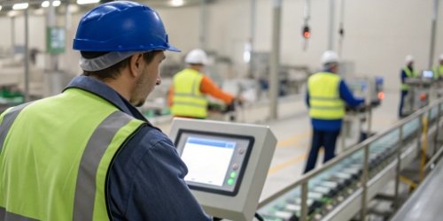 Optimizing Order Accuracy with Smart Systems An operator on a production line looking at a smart scale's screen which displays a progress bar for order accuracy.