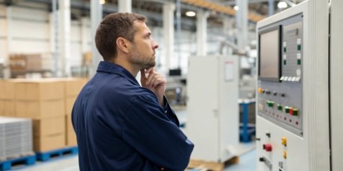 A production manager making a decision in front of a system interface
