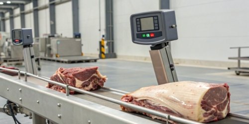 Dual-Unit Weighing and Tracking An illustration showing one carcass being tracked as both '1 Piece' and '95.5 KG'.