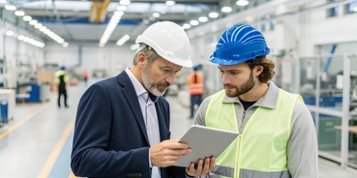 A manager and a worker looking at a tablet together on the production floor