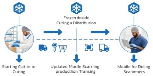 A flowchart diagram showing the journey of a frozen product from cutting to distribution.
