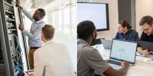 System Implementation Process A collage of images showing a planning meeting, hardware installation, software on a screen, and a training session