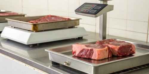 A precision industrial scale showing a stable, exact weight reading of meat cuts