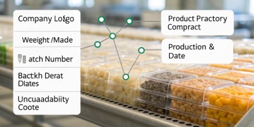 A detailed breakdown of a label, with callouts pointing to each key element like weight, date, batch number, and QR code.