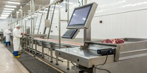 An all-in-one workstation in a slaughterhouse, featuring an industrial scale, a touchscreen monitor, and a barcode scanner.