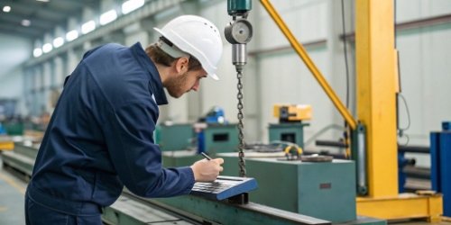 Quality Control Testing of Industrial Scales A Weigherps quality control technician testing an industrial scale in the factory.
