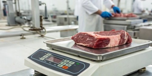 Minimizing Order Variances in Meat Processing A close-up of a high-precision scale in a meat processing facility weighing a cut of steak, with a digital display showing a precise weight.