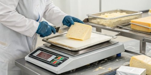A specialized portioning scale with a graphical bar display guiding a worker as they cut a piece of cheese to an exact weight.