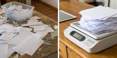 Paper vs. Digital Workspace A messy desk with paper sorting slips scattered everywhere, next to a clean desk with a single digital weighing scale displaying orders.