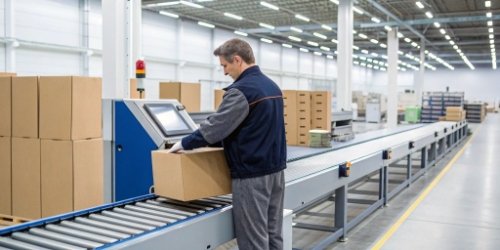Integrated Sorting Machine in Action An operator using an integrated sorting machine in a modern warehouse