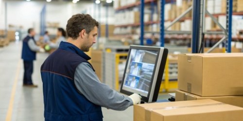Visual Sorting System A warehouse worker easily sorting packages using a screen that displays product images.