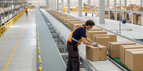 Pre-Sorting for Efficiency A worker pre-sorting packages in a modern warehouse