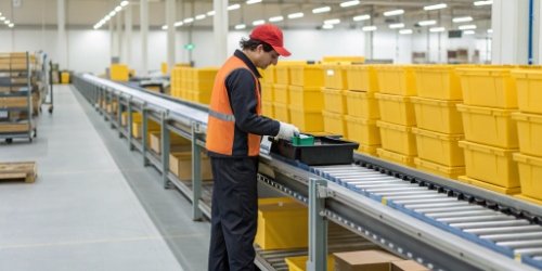 WeigherPS Sorting Exception Management A warehouse sorting station with a worker inspecting a product.
