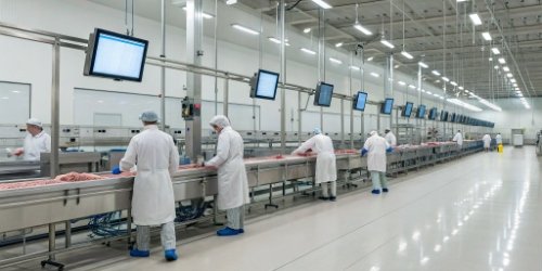 A modern, clean slaughterhouse production line with digital screens showing data.