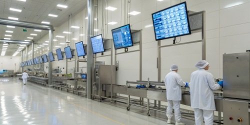 Wangwang Food's Digital Transformation A modern food processing facility with integrated digital screens showing data.