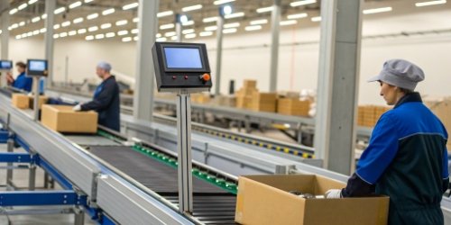 Automated Sorting Performance An automated sorting station with a digital display showing employee performance metrics.