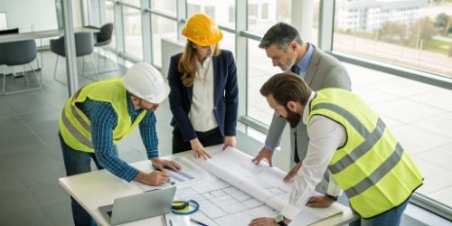A team of engineers planning around a blueprint in a modern office.