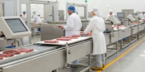 Digital Transformation in Meat Procurement A modern meat processing facility with integrated digital scales and computer terminals