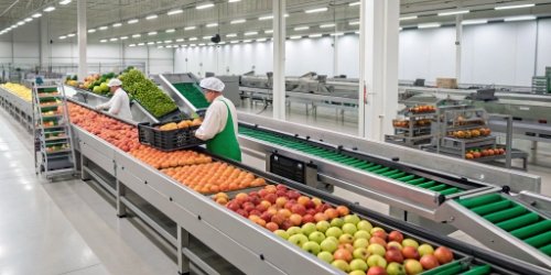 Automated Fresh Produce Sorting System A modern, automated fresh produce sorting system in a clean warehouse