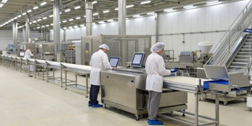 A modern, clean food processing facility with industrial scales and computer systems.