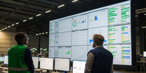 A large screen displaying real-time sorting data in a warehouse