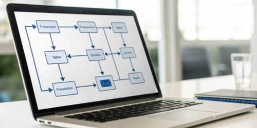 A flowchart on a screen showing the integration of different business departments.