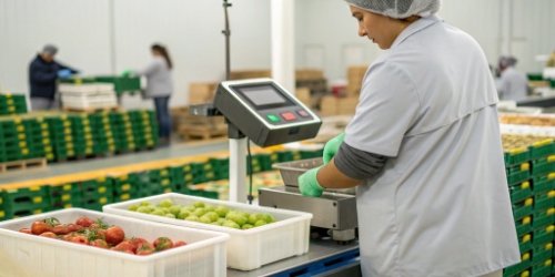 Sorting Fresh Produce by Product A worker using a weighing scale that displays sorting information by product