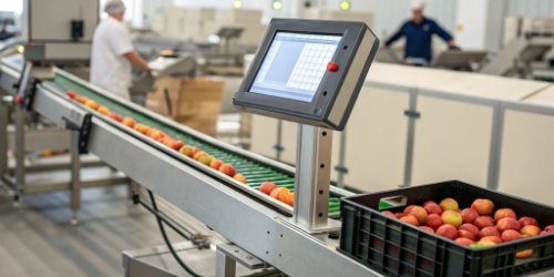 Smart Weighing Scale Interface A smart weighing scale with a screen showing a fresh product sorting order.