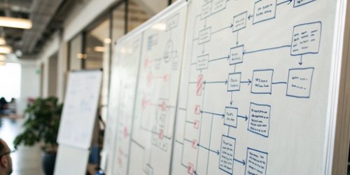 A whiteboard covered in flowcharts and notes detailing a business process.