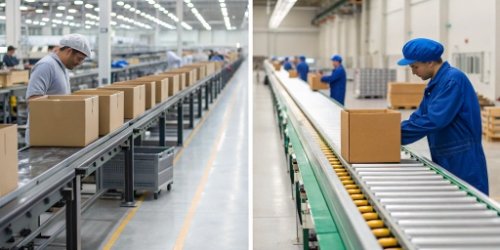 Sorting Method Efficiency Comparison A side-by-side view of two assembly lines, one moving faster than the other.