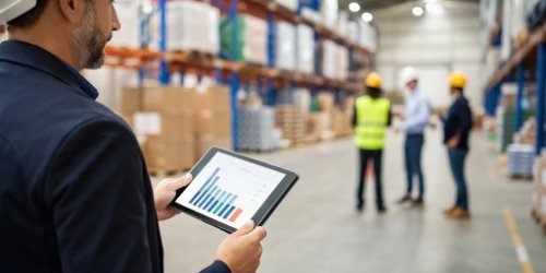Analyzing Sorting Staff Performance A manager reviewing a performance dashboard on a tablet in a warehouse.