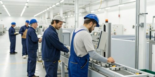 Factory workers being trained on new industrial equipment in a clean environment.