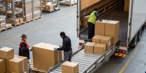 Sorting Produce by Delivery Route A diagram showing packages being sorted and loaded onto a truck according to a delivery route