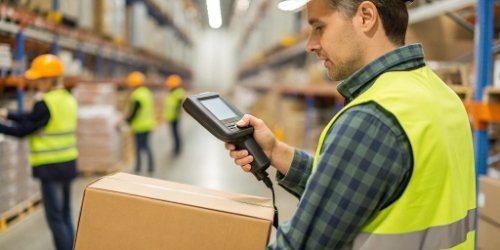 One-Click Sorting for Standard Products A worker quickly scanning a pre-packaged item with a one-click confirmation on screen