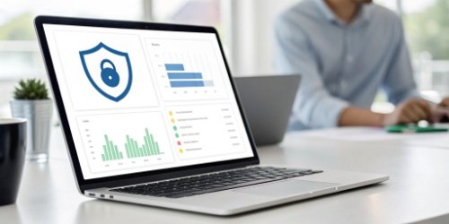 Improving Supplier Management and Data Privacy Dashboard showing supplier performance metrics alongside a data privacy shield icon.