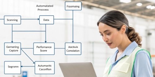 Streamlining Performance Evaluation A flowchart showing the automated process from scanning a package to generating a payroll report.